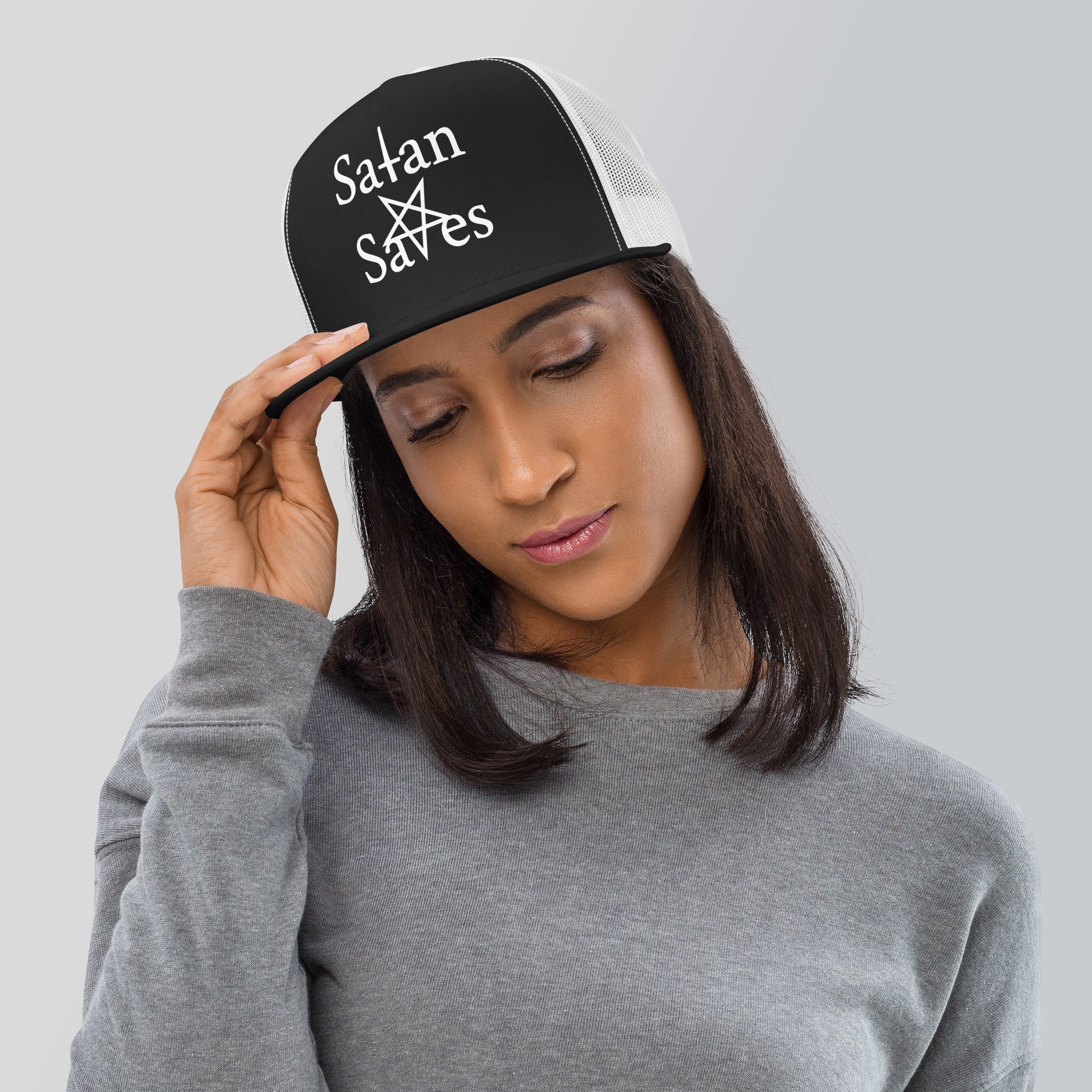 Satan saves logo hat goth accessory - female model
