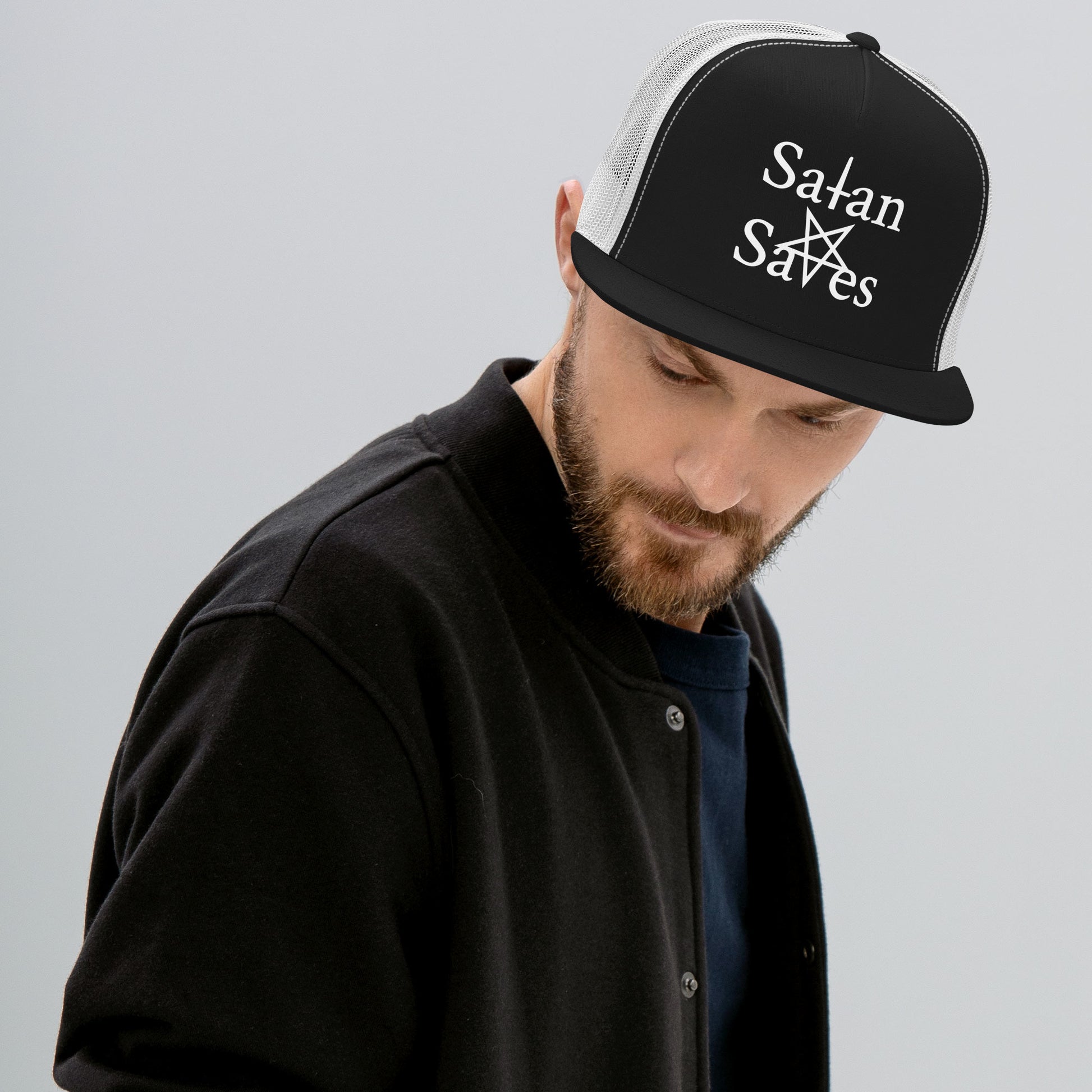 Satan saves logo hat goth accessory - male model