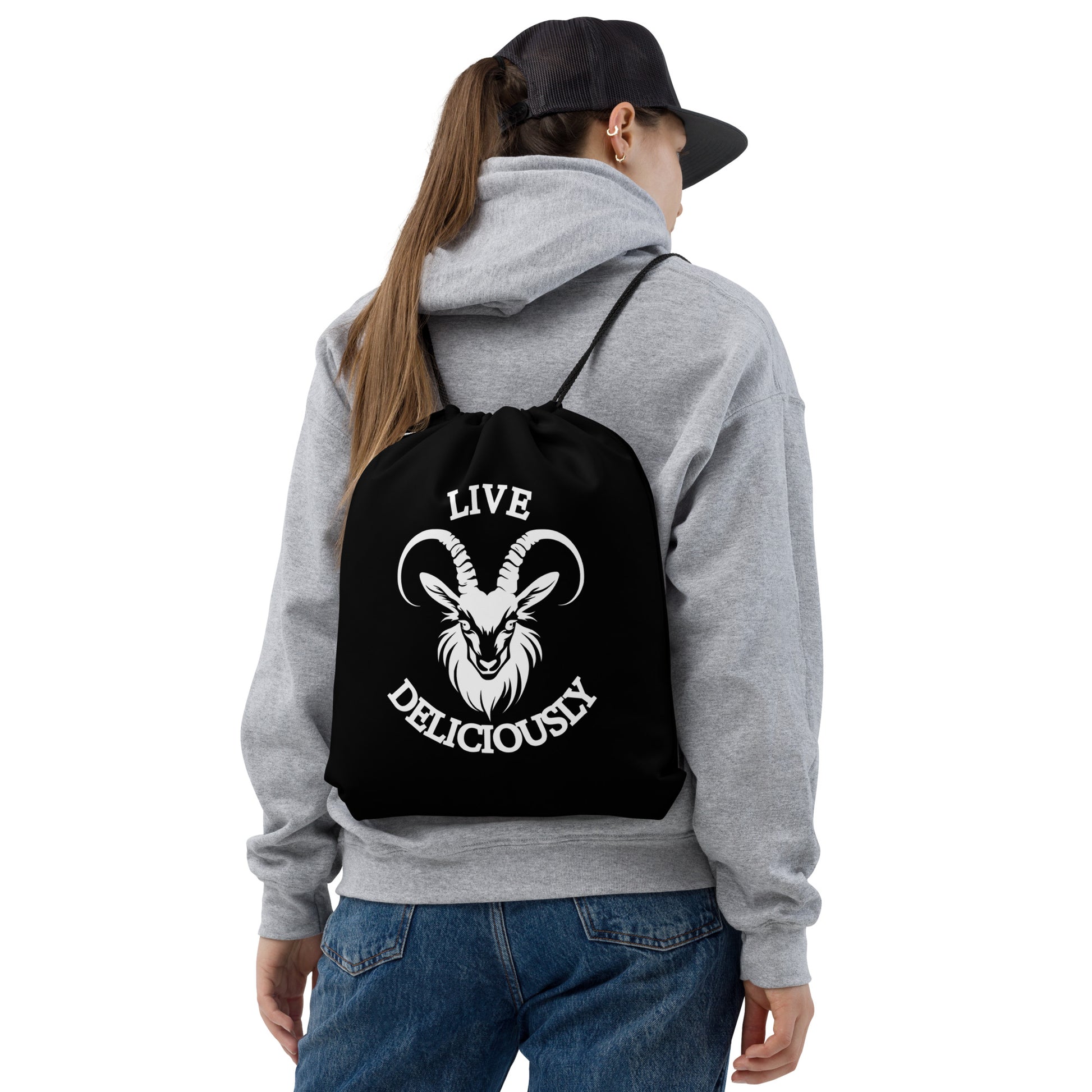 Live Deliciously Satanic Goth Drawstring Bag on model