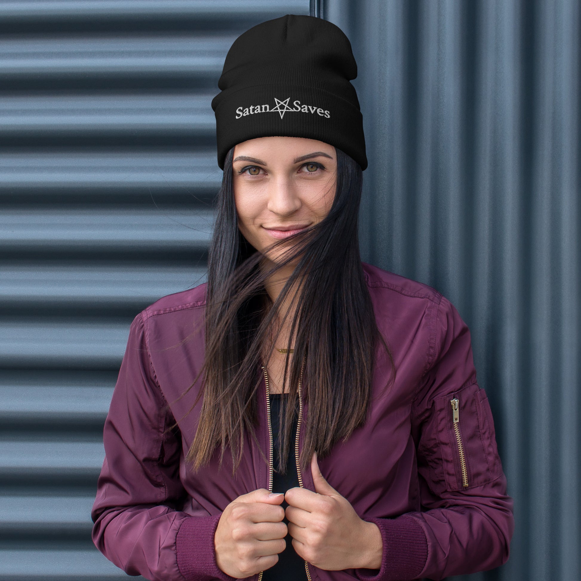 Satan Saves Logo Satanic Goth Beenie female model