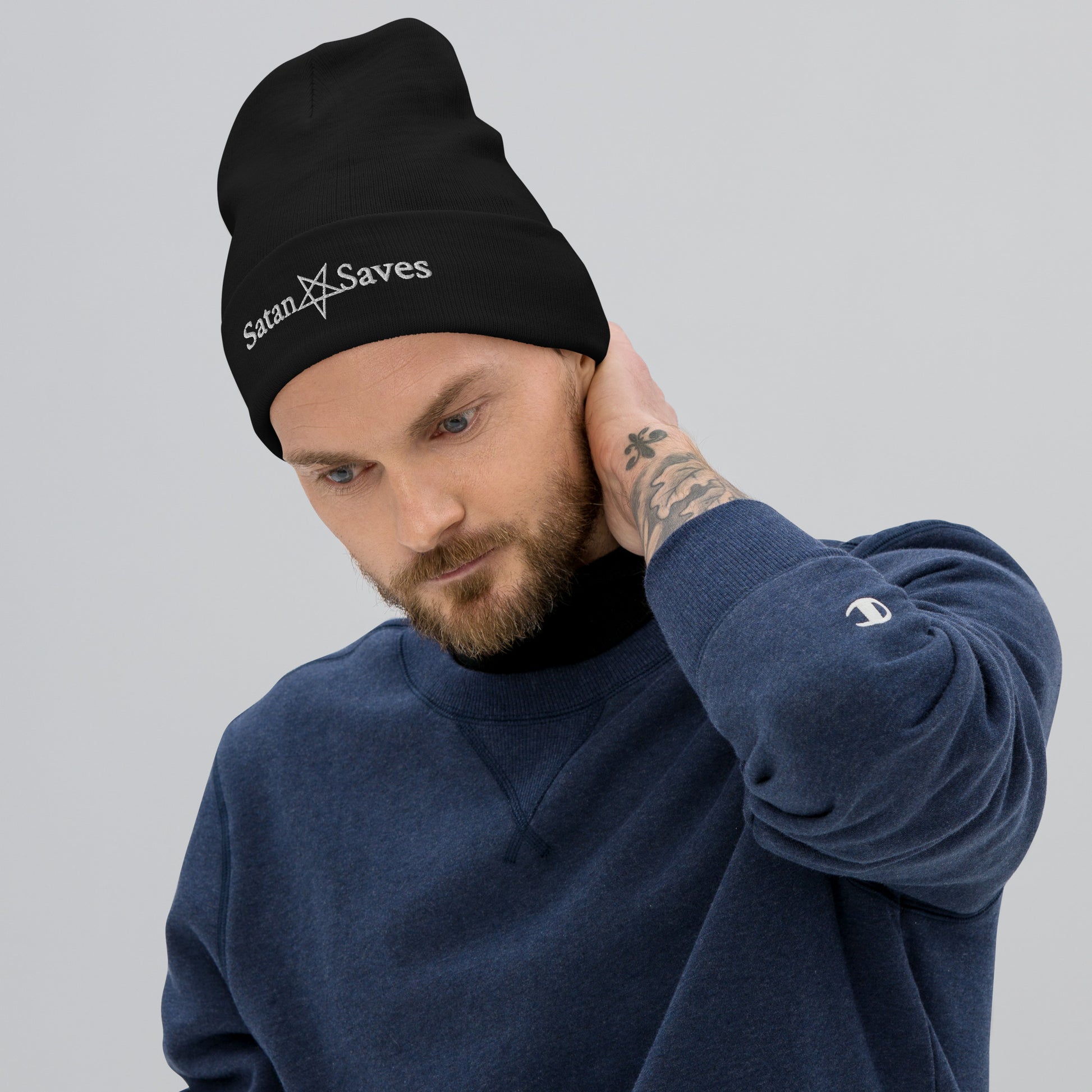 Satan Saves Logo Satanic Goth Beenie male model