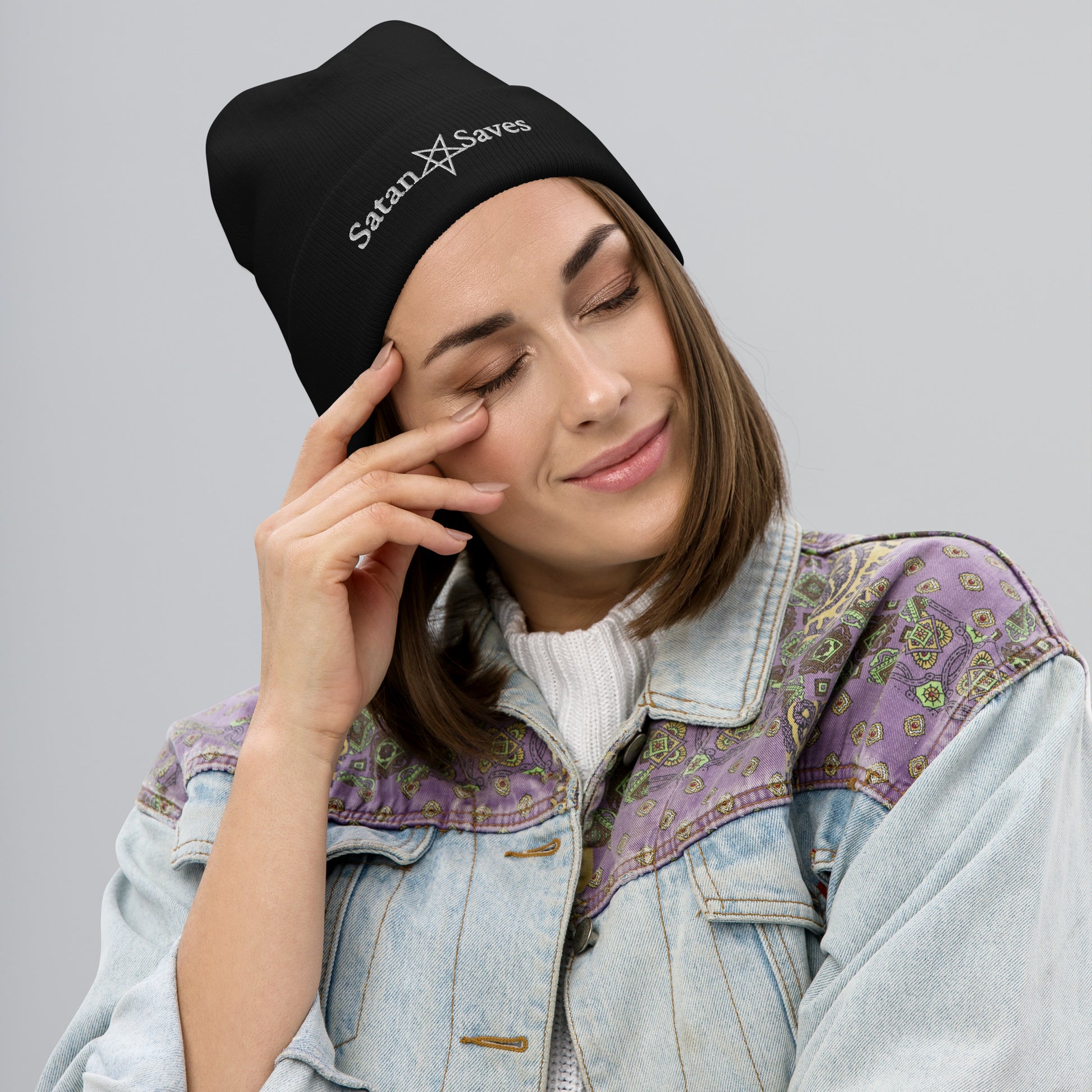 Satan Saves Logo Satanic Goth Beenie female happy model