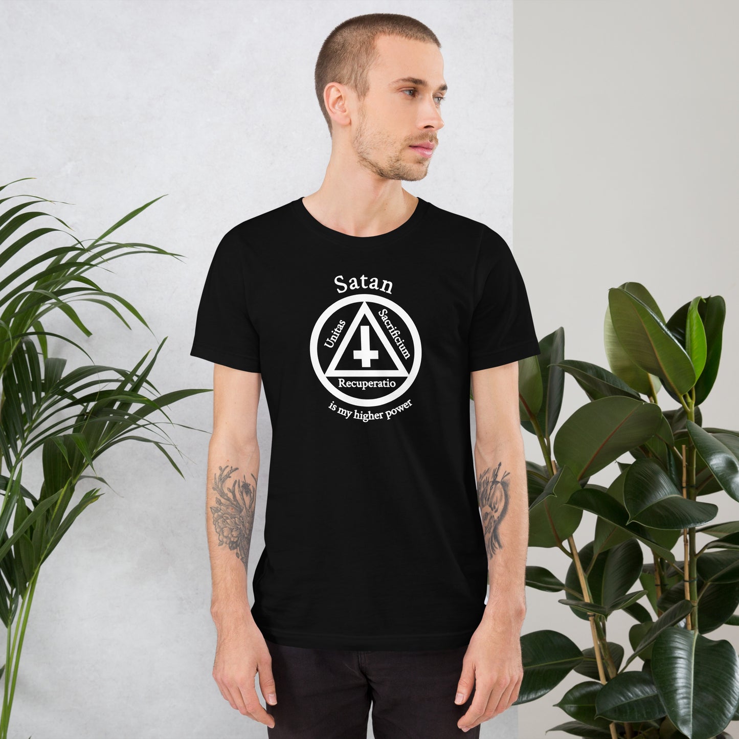 Satan is my higher power Unisex Satanic Goth t-shirt male model