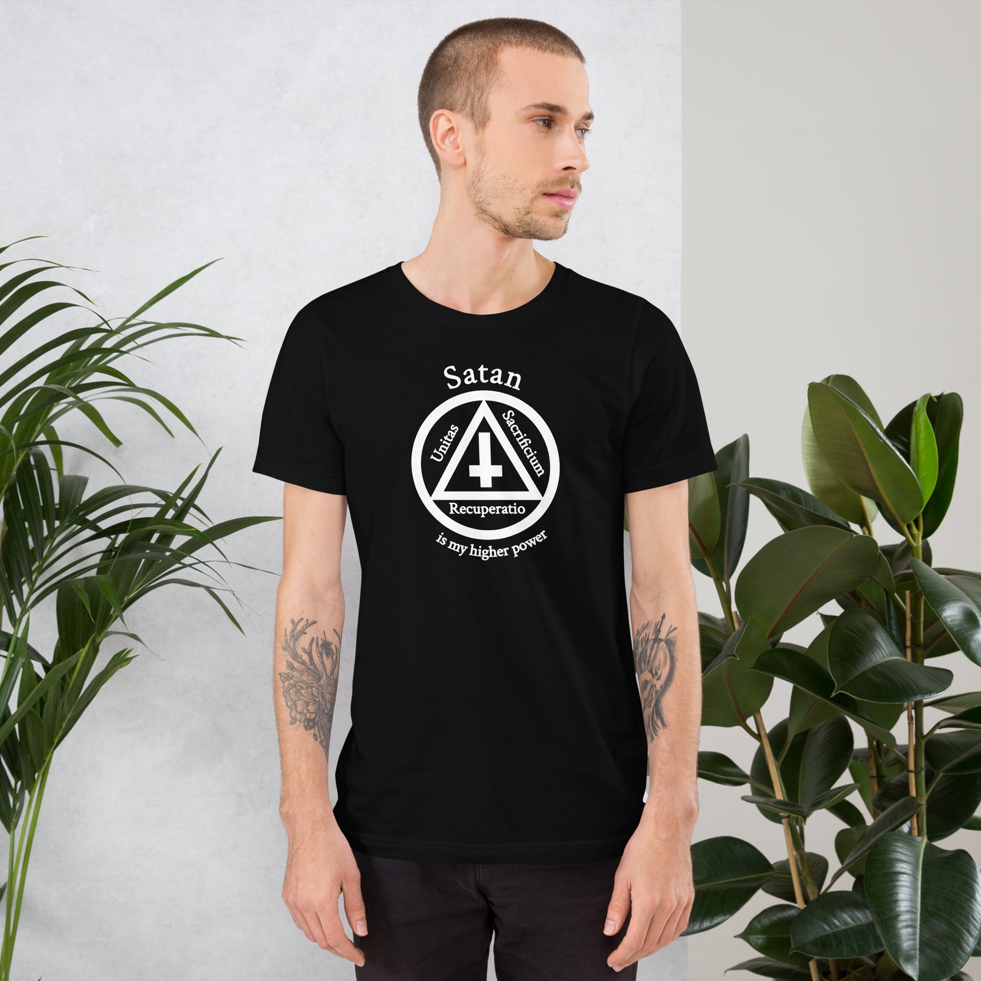 Satan is my higher power Unisex Satanic Goth t-shirt male model