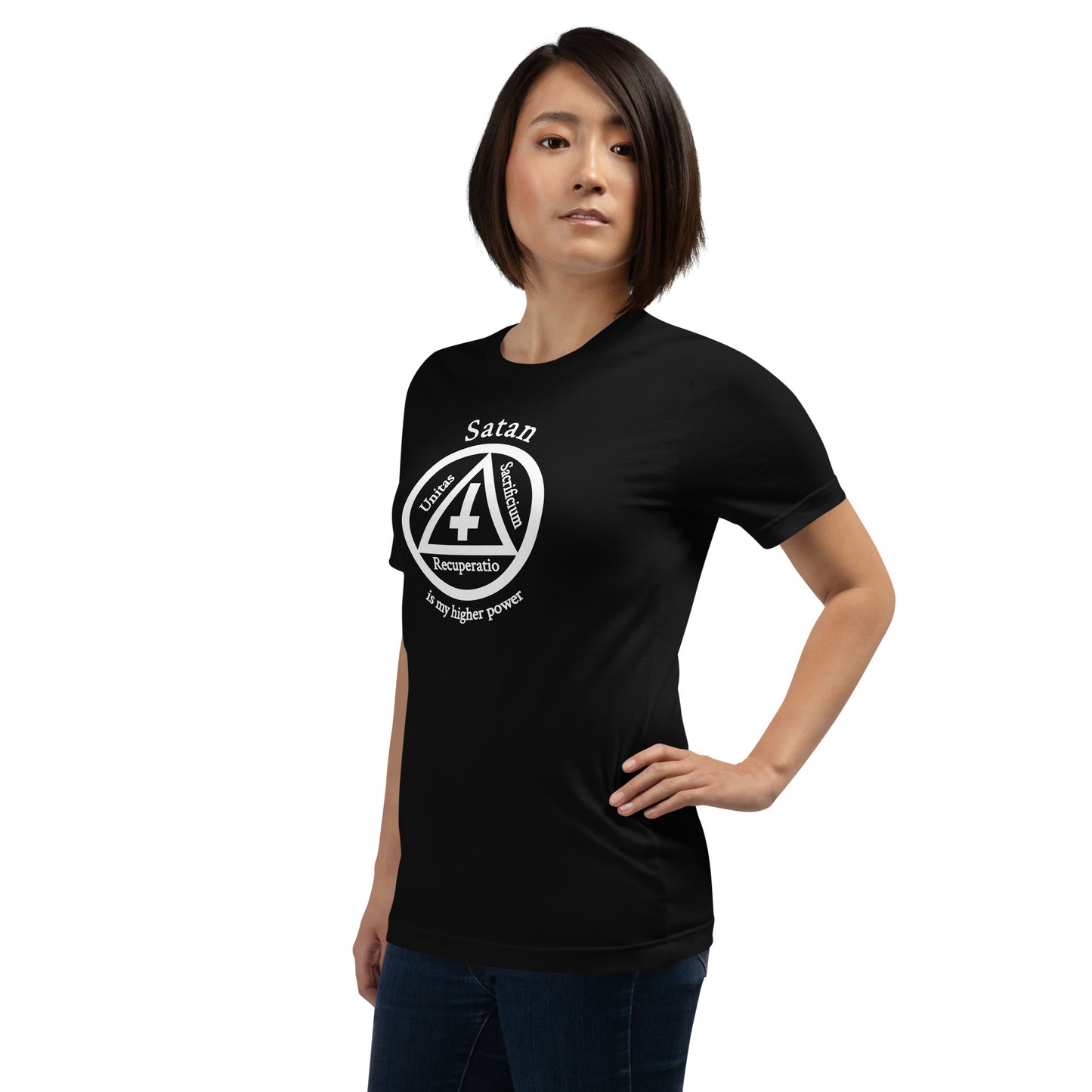 Satan is my higher power Unisex Satanic Goth t-shirt female model