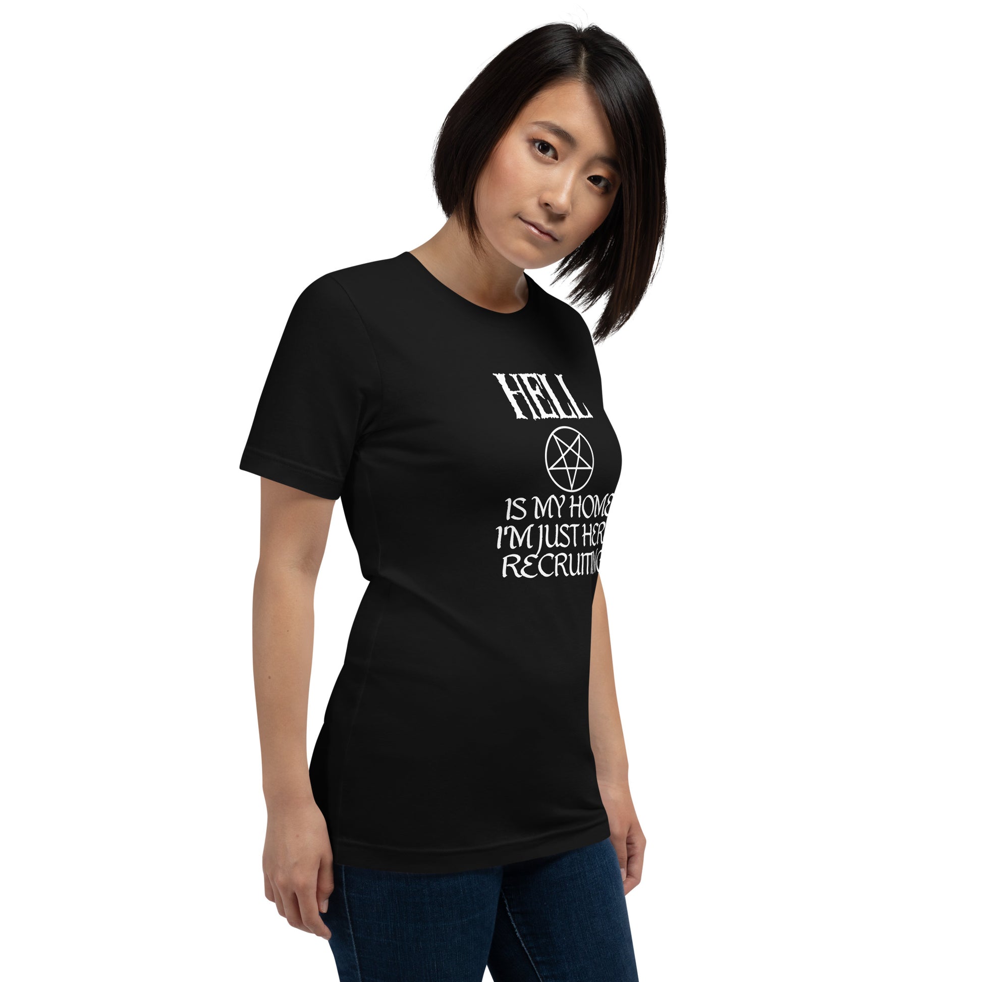Hell is my home Unisex Satanic Goth t-shirt female model