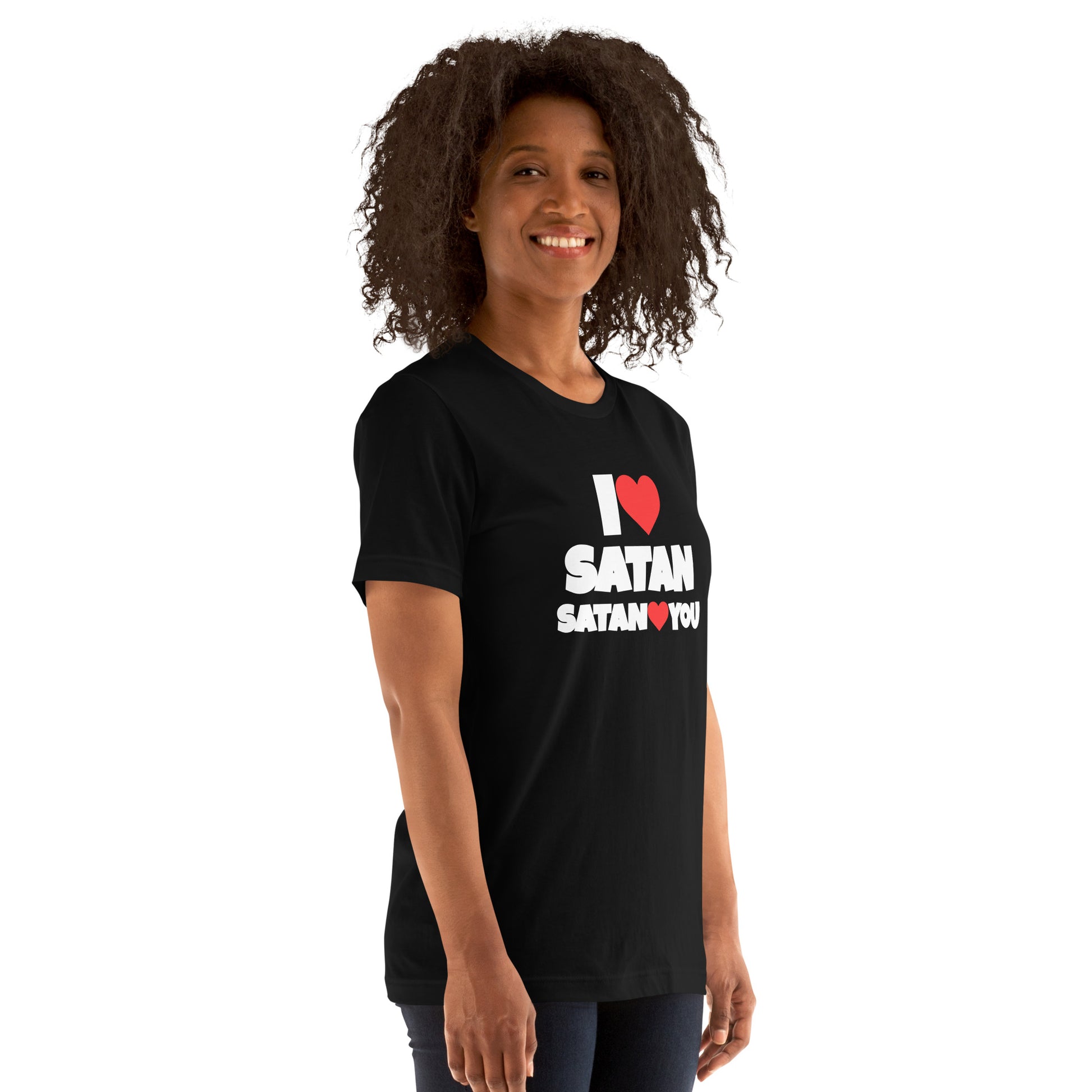 I love Satan - Unisex Satanic Goth t-shirt front - female model
